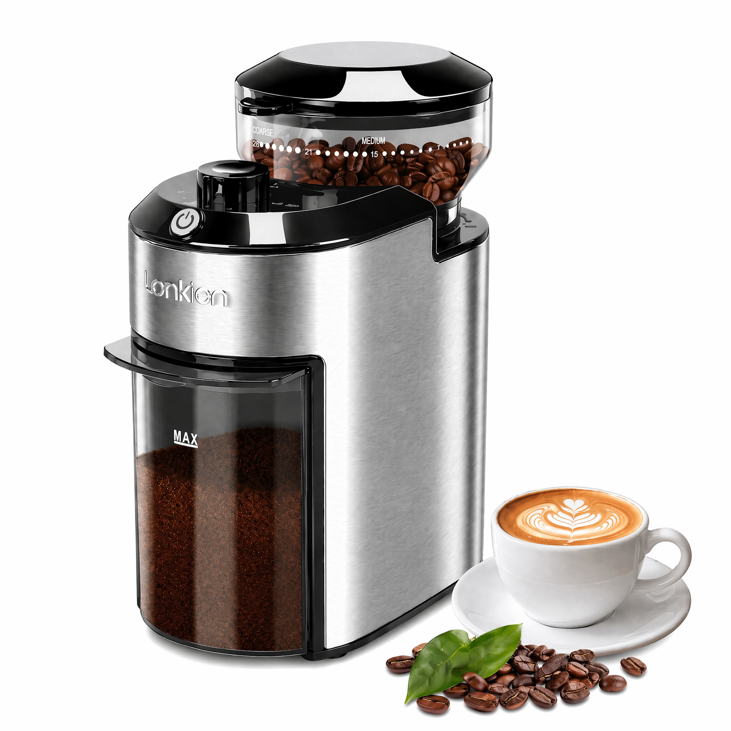 Lonkion Burr Coffee Grinder - Stainless Steel Electric Grinder with 28 Adjustable Settings for Espresso, Drip, French Press - Anti-Static, 2-12 Cup for Home Use, Black